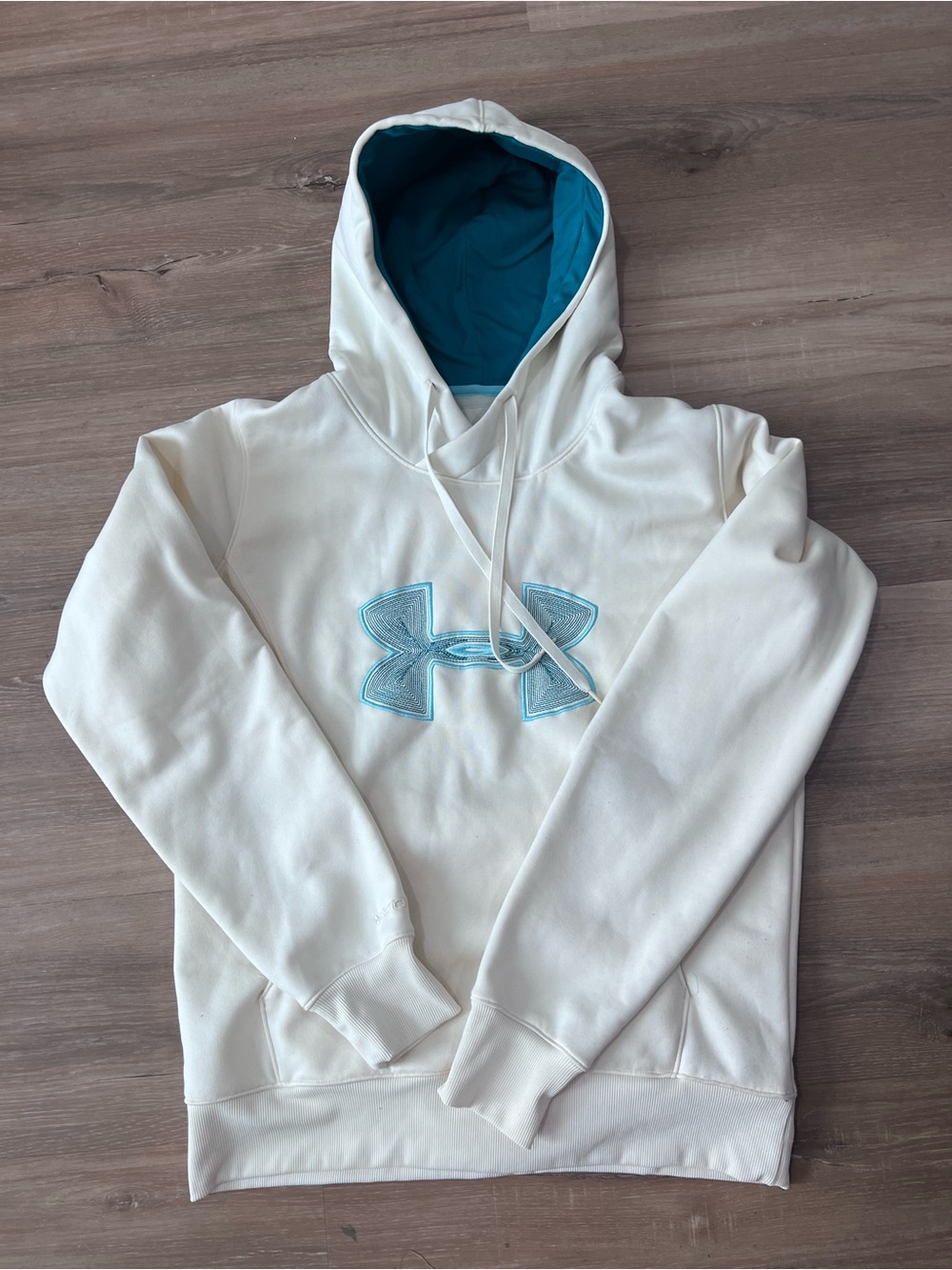 Under Armour Cream Hoodie with Light Blue Logo - Picture 4 of 4